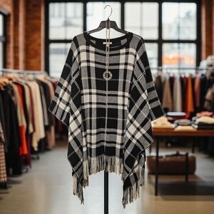 Roaman's Black and White Plaid Poncho O/S